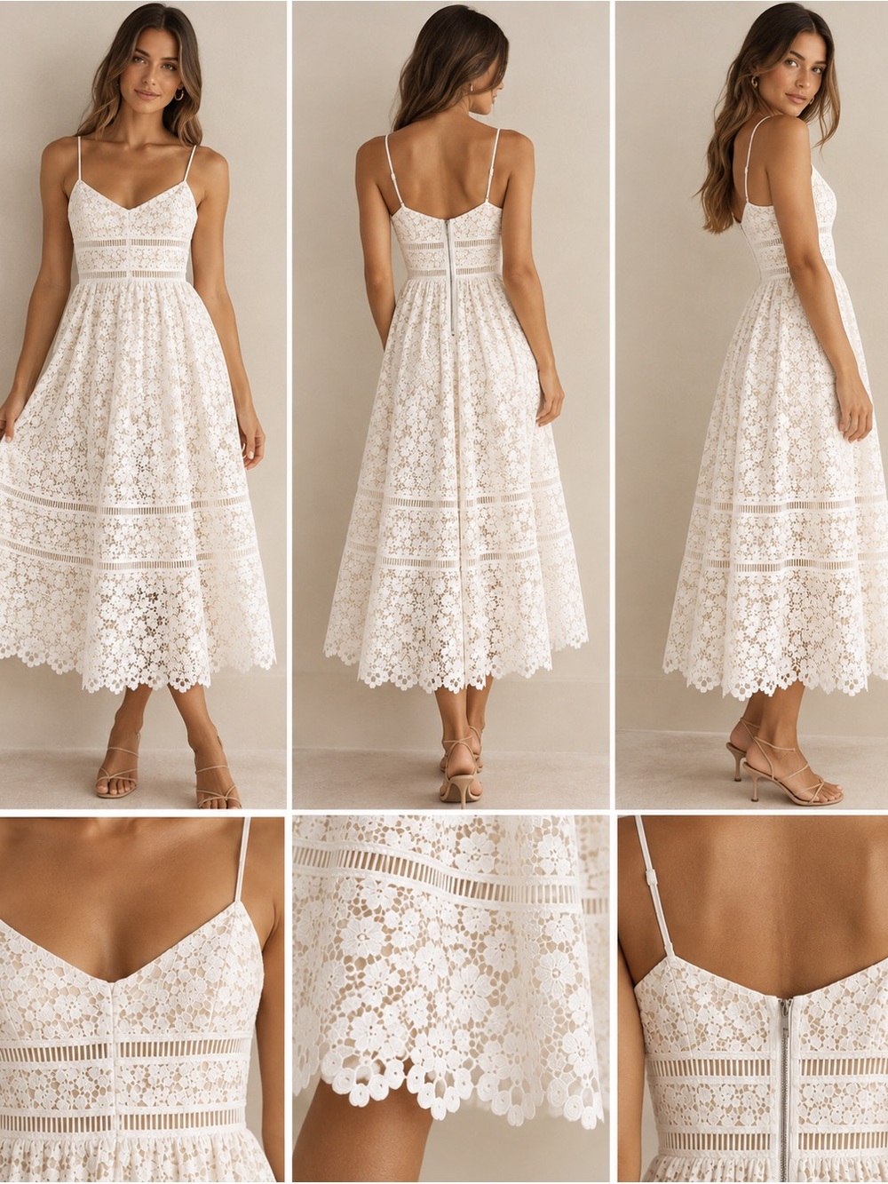 Bardot White Floral Lace Spaghetti-Strap Midi Dress